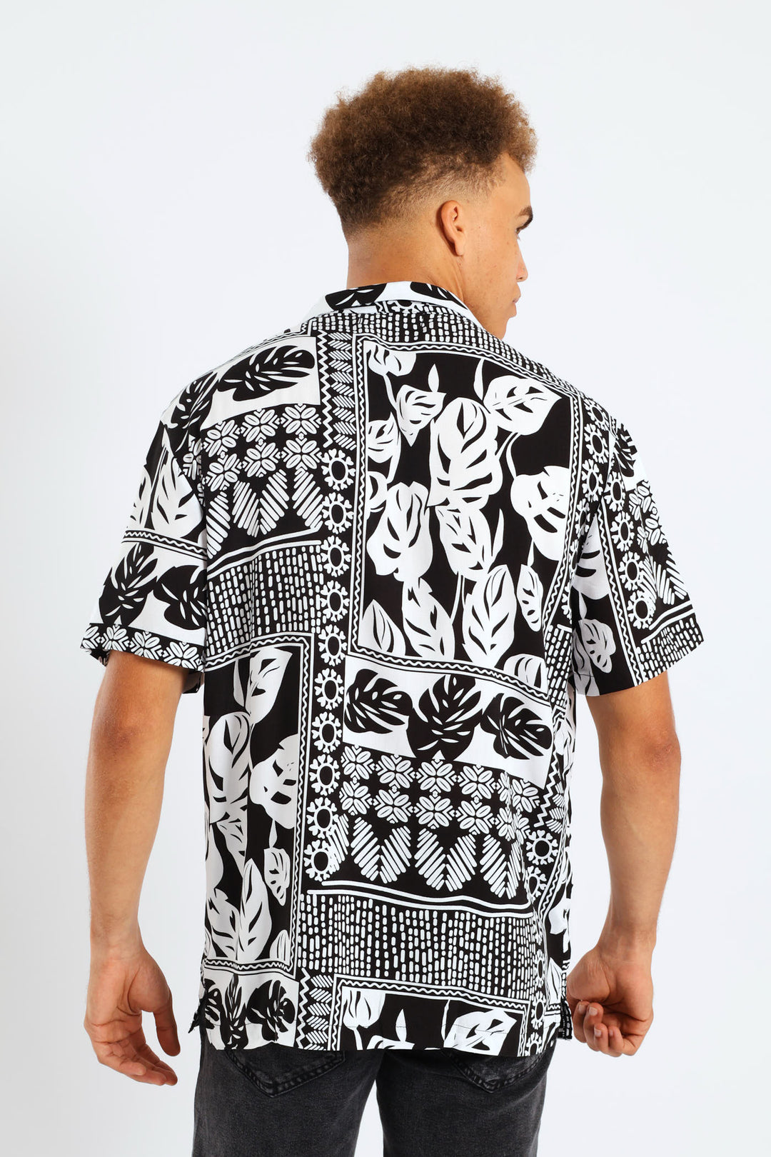 Short Sleeve Viscose Block Leaf Shirt - Black/White