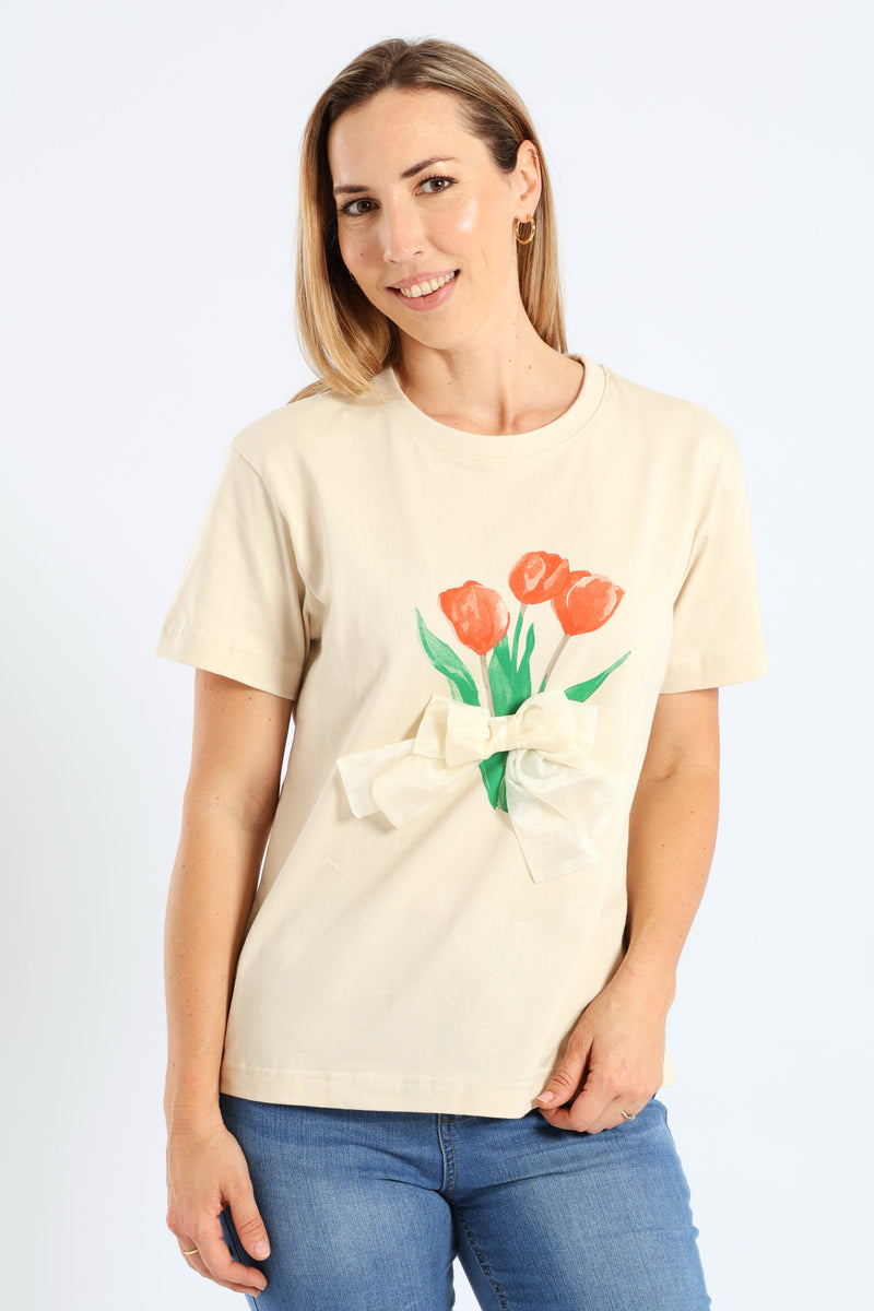 Short Sleeve Rib Neck Tullip 3-D Bow Tee - Light Stone