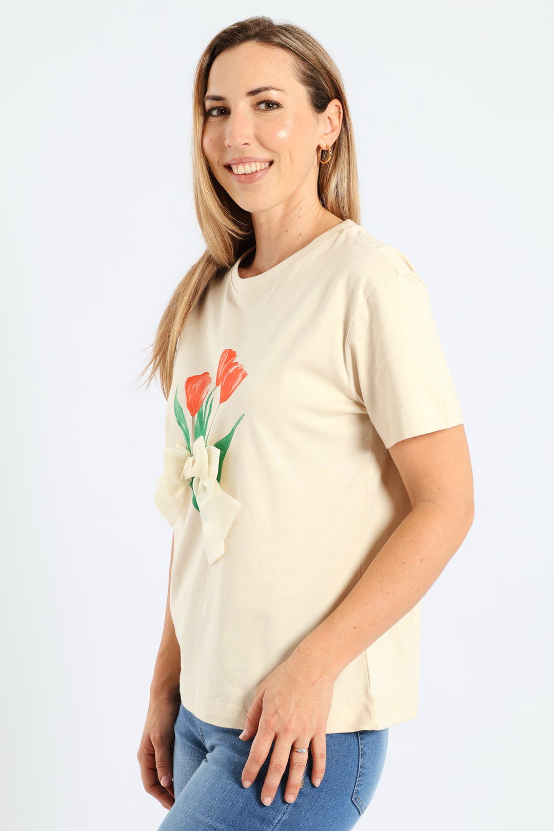 Short Sleeve Rib Neck Tullip 3-D Bow Tee - Light Stone