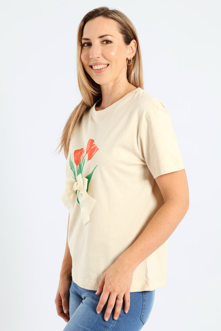 Short Sleeve Rib Neck Tullip 3-D Bow Tee - Light Stone