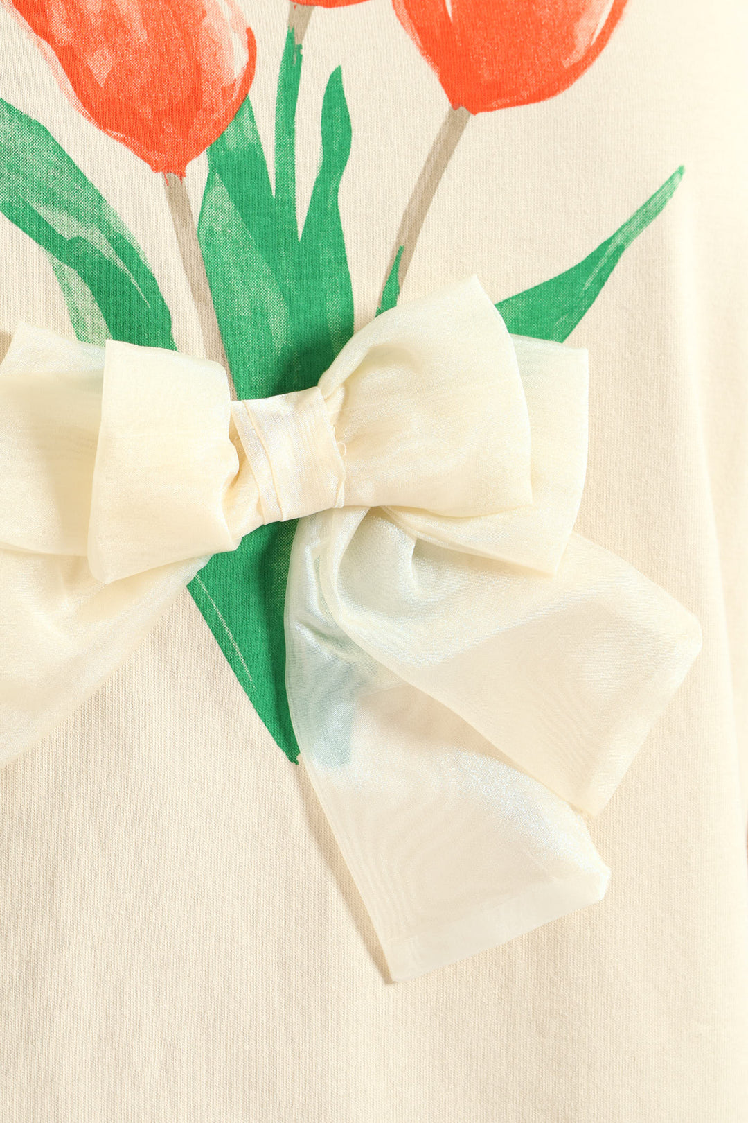 Short Sleeve Rib Neck Tullip 3-D Bow Tee - Light Stone