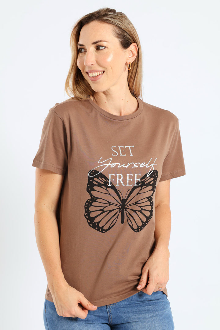 Short Sleeve Set Yourself Free Butterfly Foil Regular Tee - Taupe