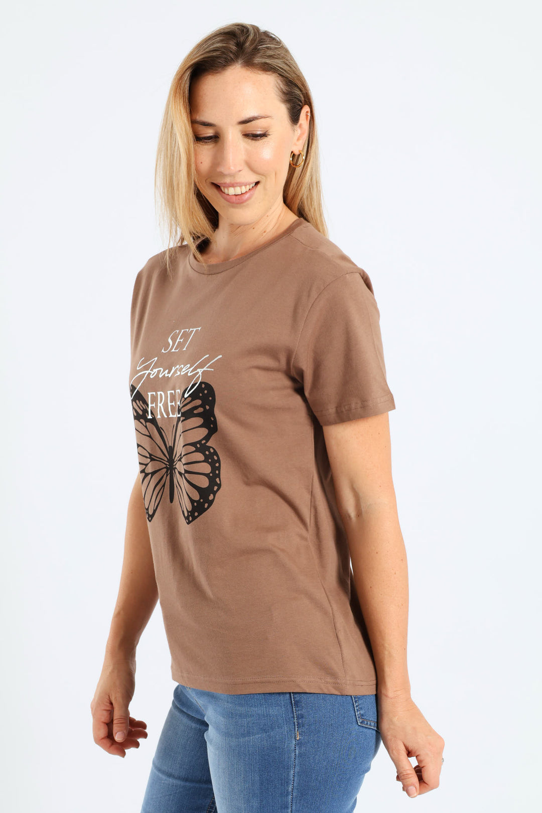 Short Sleeve Set Yourself Free Butterfly Foil Regular Tee - Taupe