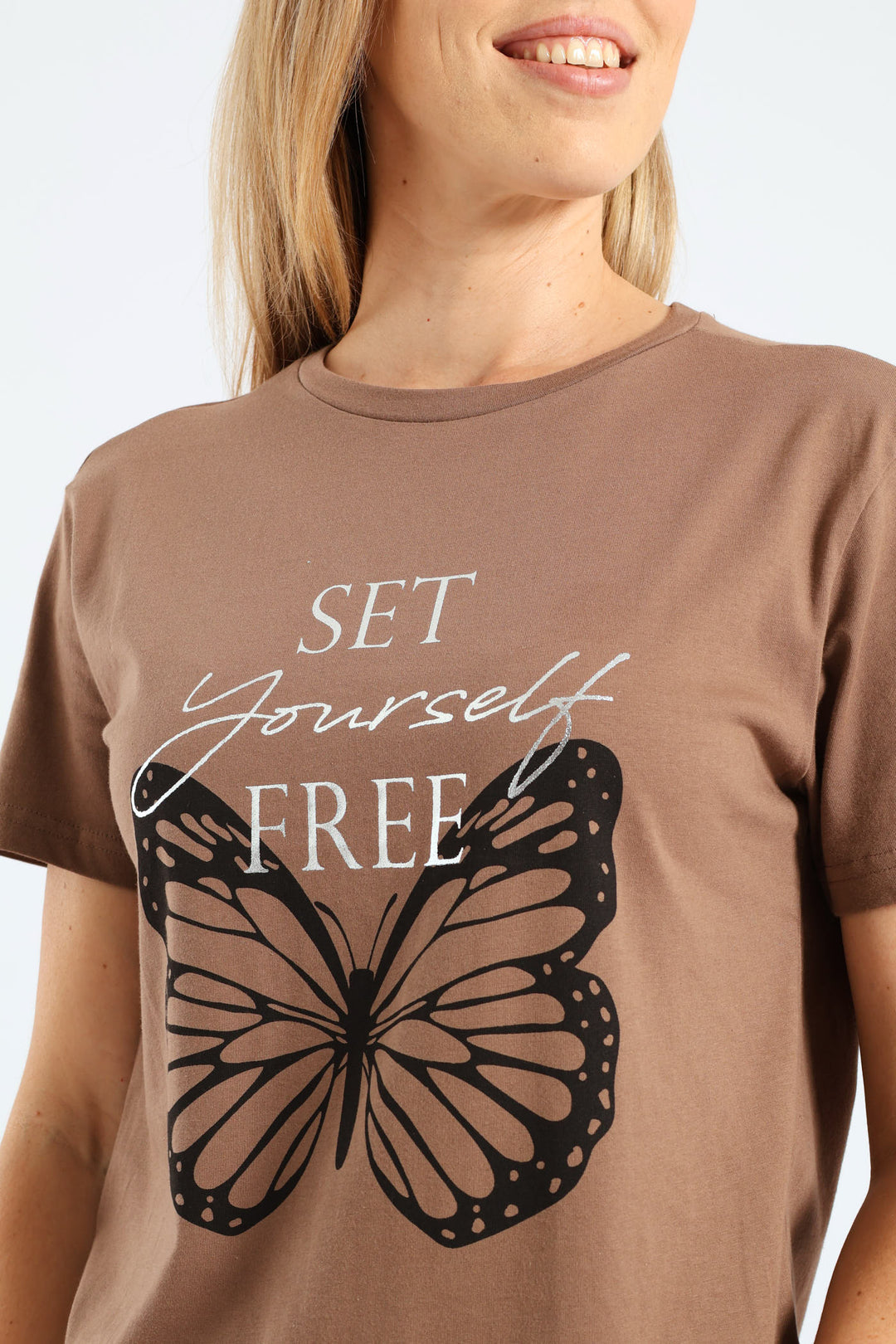 Short Sleeve Set Yourself Free Butterfly Foil Regular Tee - Taupe