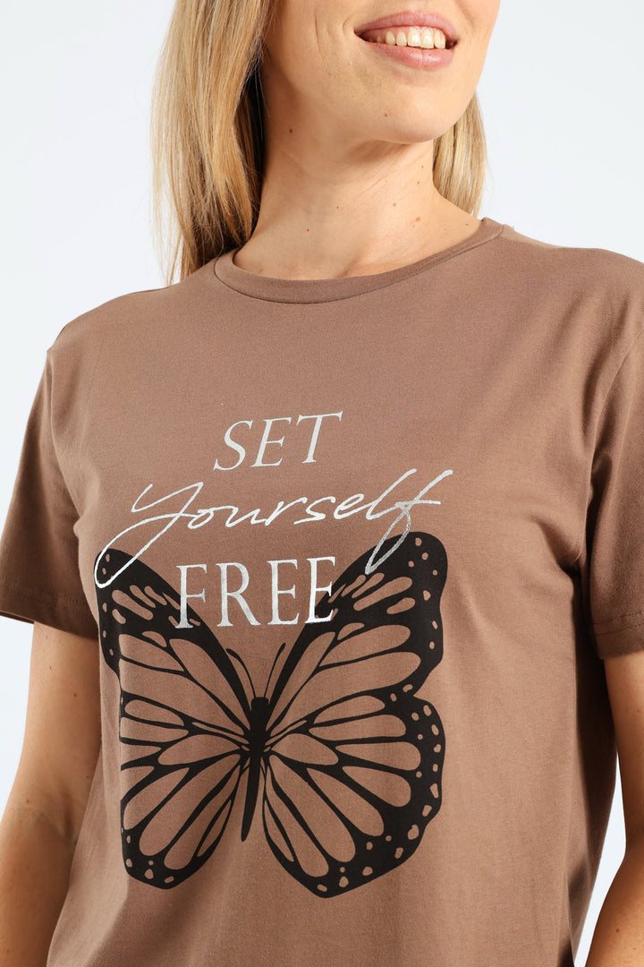Short Sleeve Set Yourself Free Butterfly Foil Regular Tee - Taupe