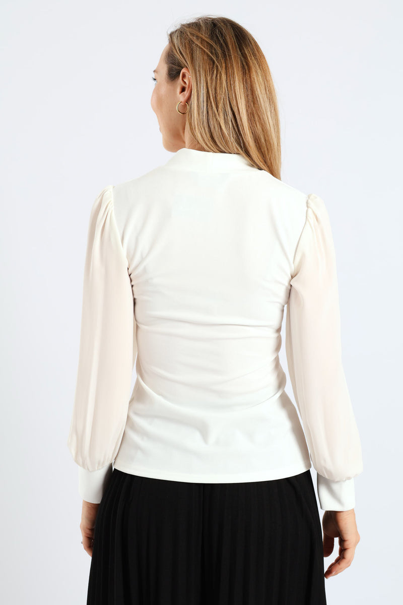 Kitty Bow Knitwear Combo Blouse - Cream