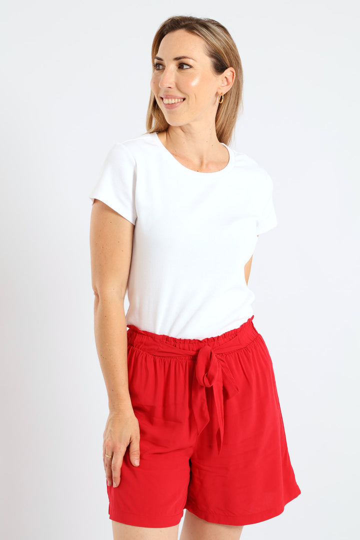 Belted Elasticated Mid Thigh Shorts - Rose Red