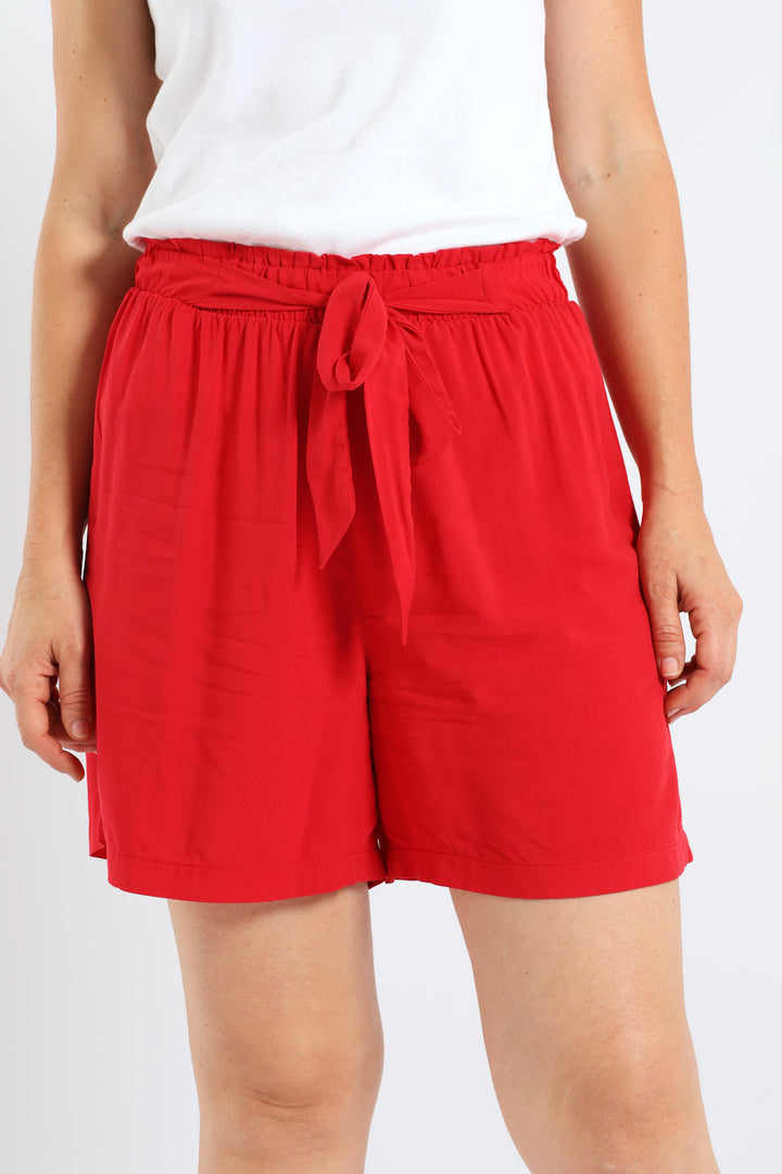 Belted Elasticated Mid Thigh Shorts - Rose Red