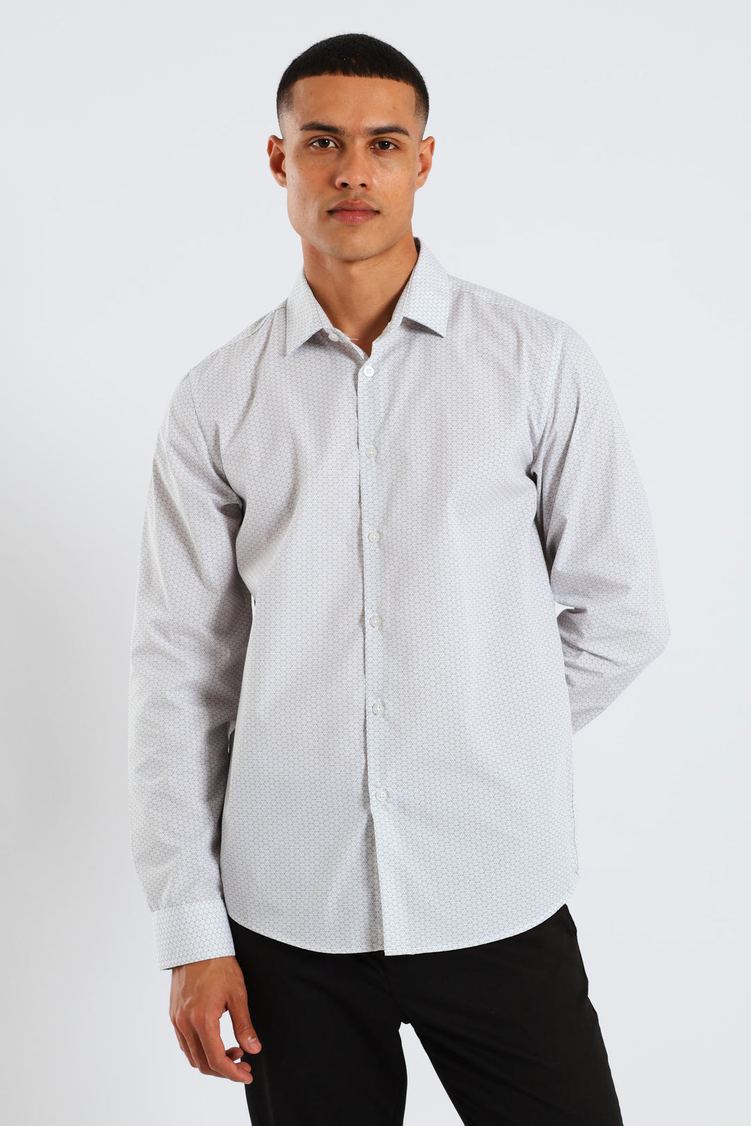 Long Sleeve Slim Geometric Pattern Print Shirt - Grey/White