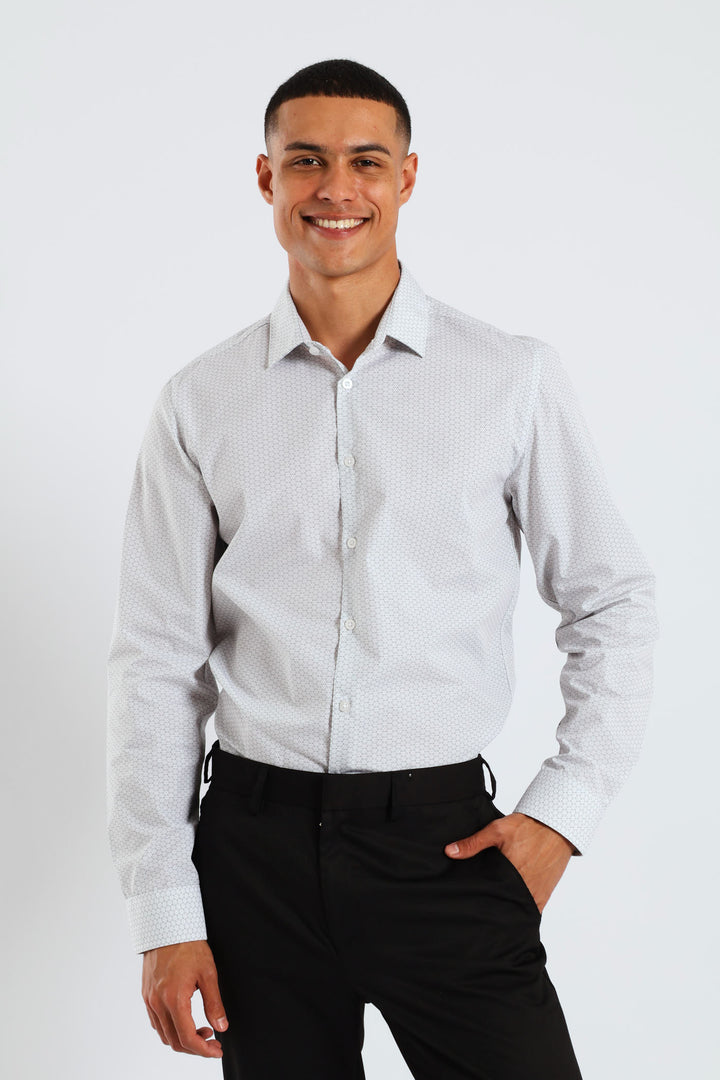 Long Sleeve Slim Geometric Pattern Print Shirt - Grey/White