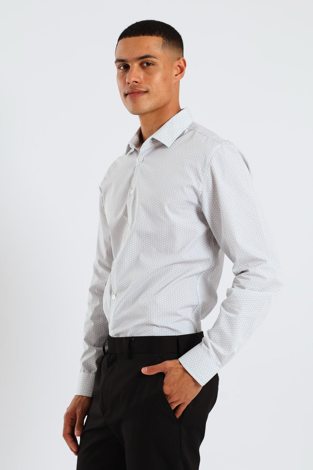 Long Sleeve Slim Geometric Pattern Print Shirt - Grey/White