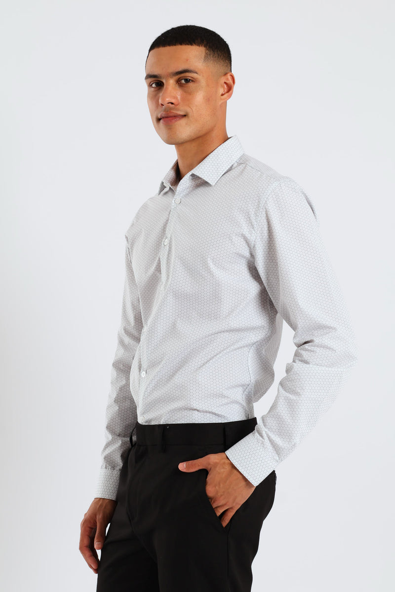 Long Sleeve Slim Geometric Pattern Print Shirt - Grey/White