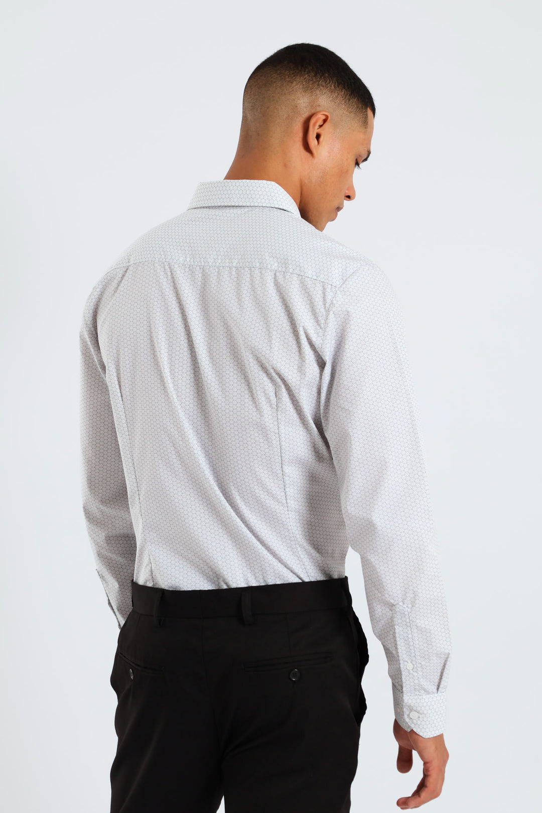 Long Sleeve Slim Geometric Pattern Print Shirt - Grey/White