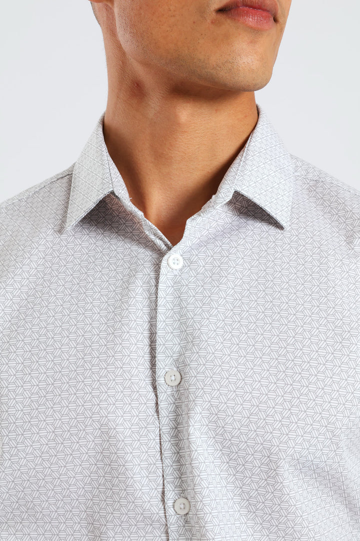 Long Sleeve Slim Geometric Pattern Print Shirt - Grey/White