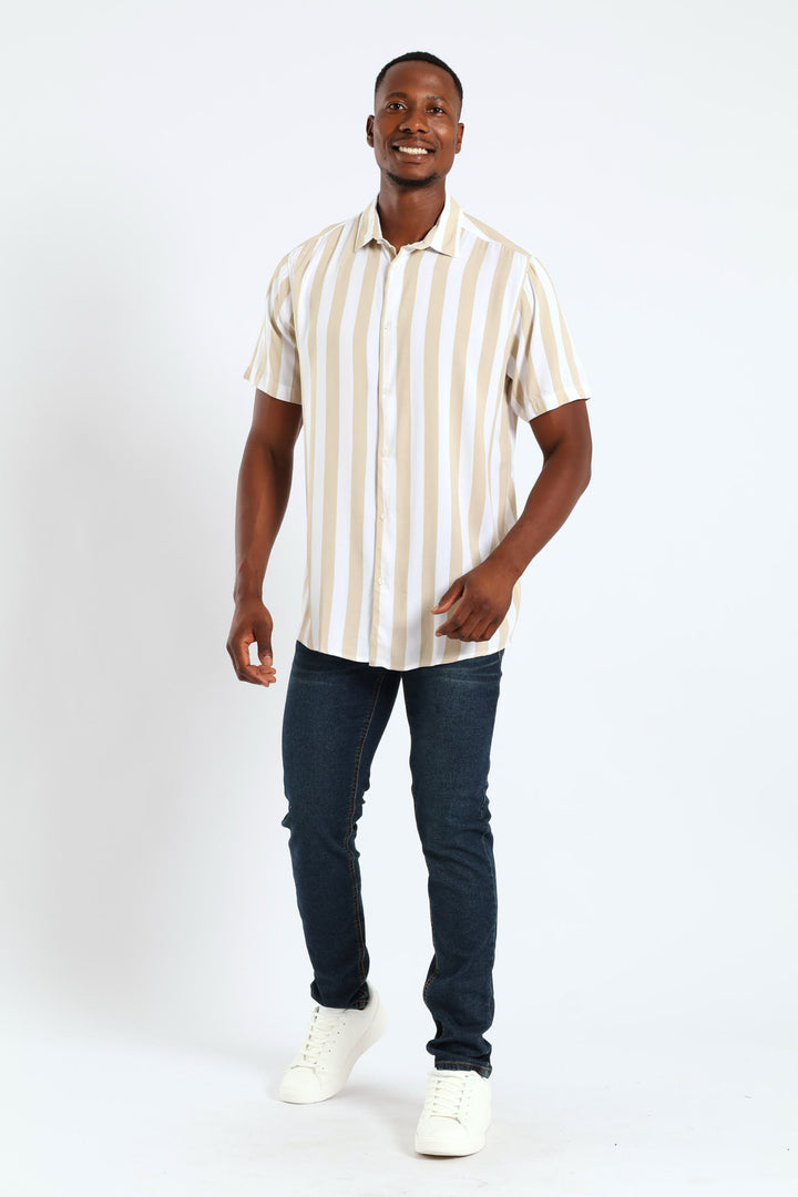 Short Sleeve Viscose Stripe Regular Shirt - Stone