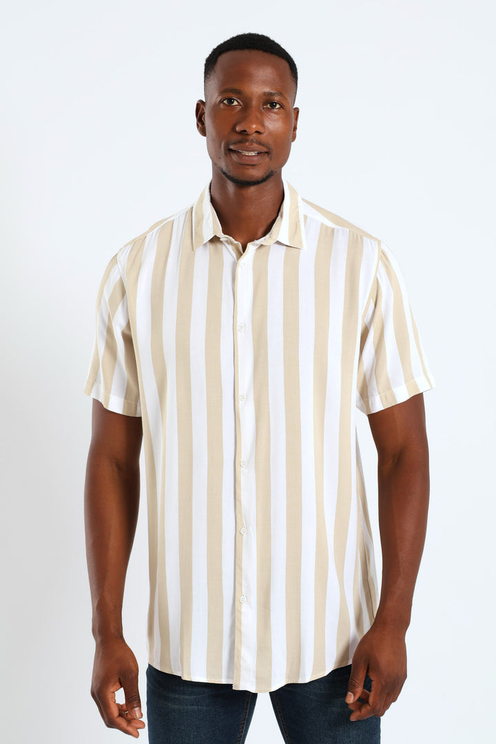 Short Sleeve Viscose Stripe Regular Shirt - Stone