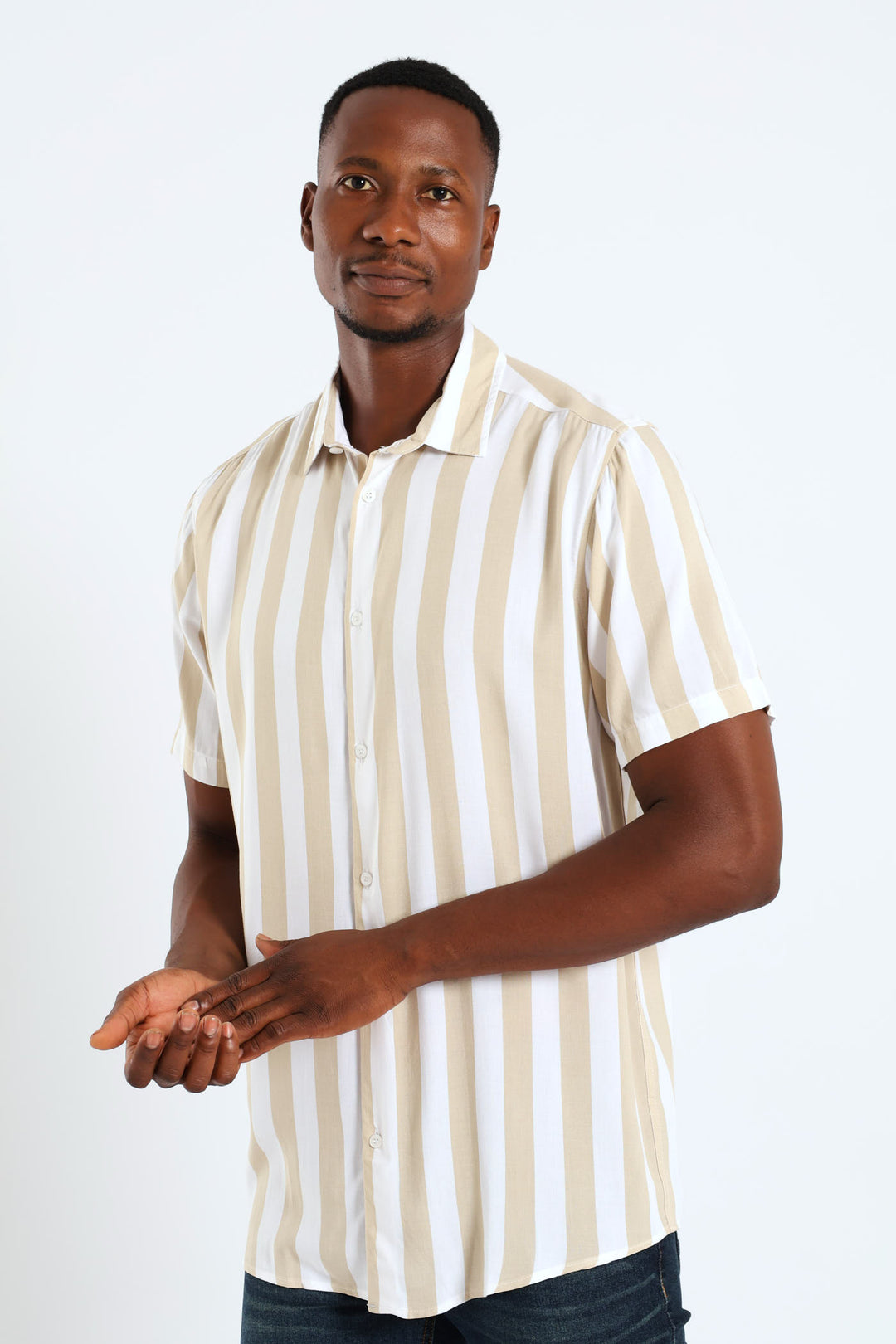Short Sleeve Viscose Stripe Regular Shirt - Stone