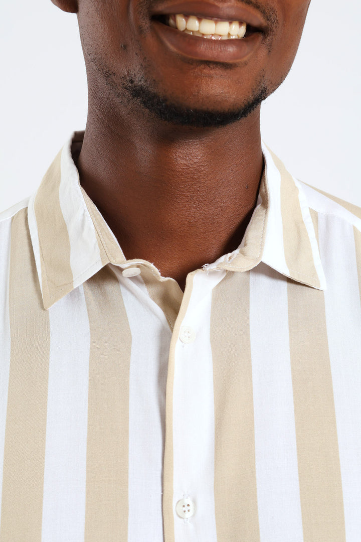 Short Sleeve Viscose Stripe Regular Shirt - Stone