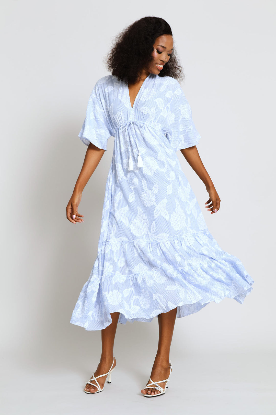 V-Neck Waisted Embroidery Detail Maxi Dress - Blue