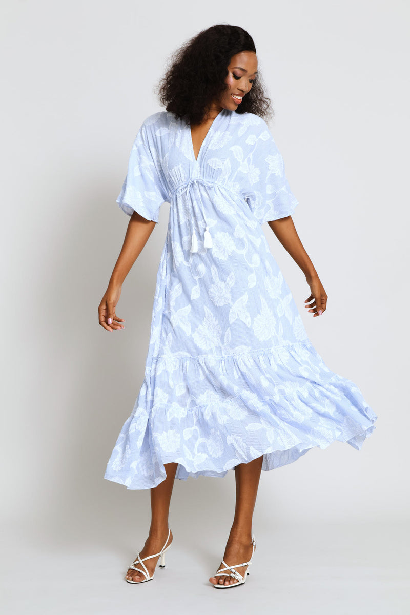 V-Neck Waisted Embroidery Detail Maxi Dress - Blue