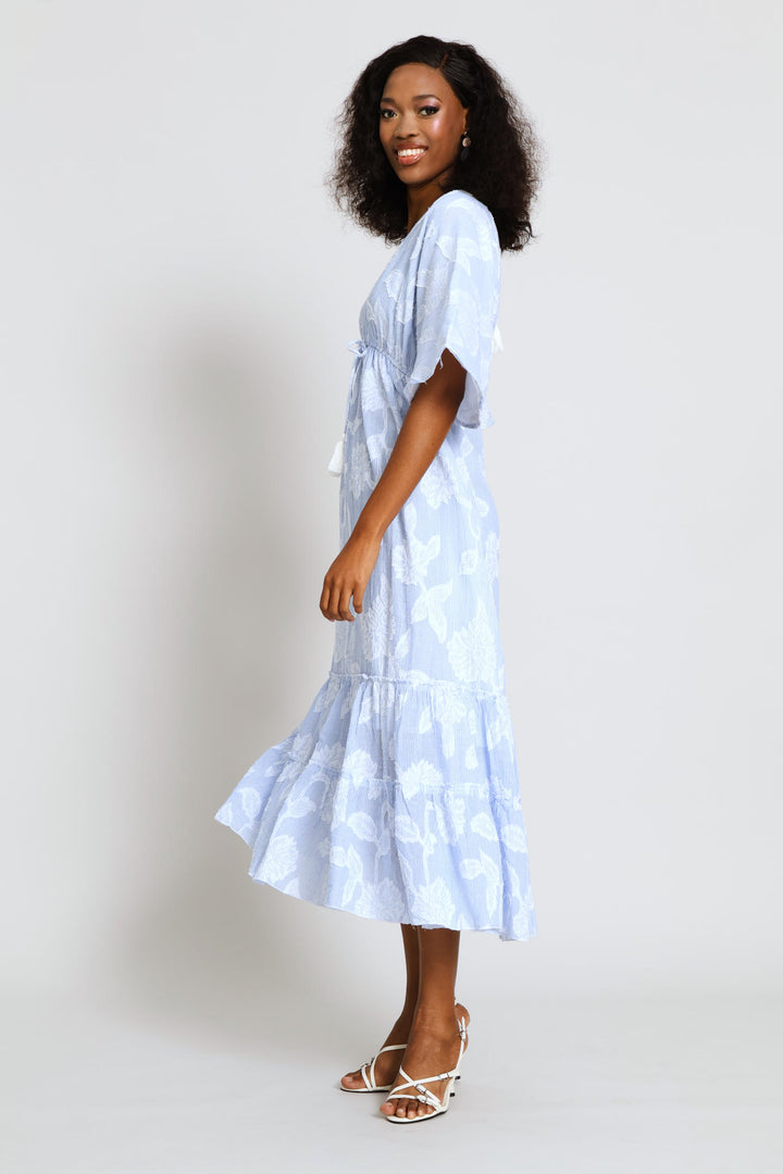 V-Neck Waisted Embroidery Detail Maxi Dress - Blue