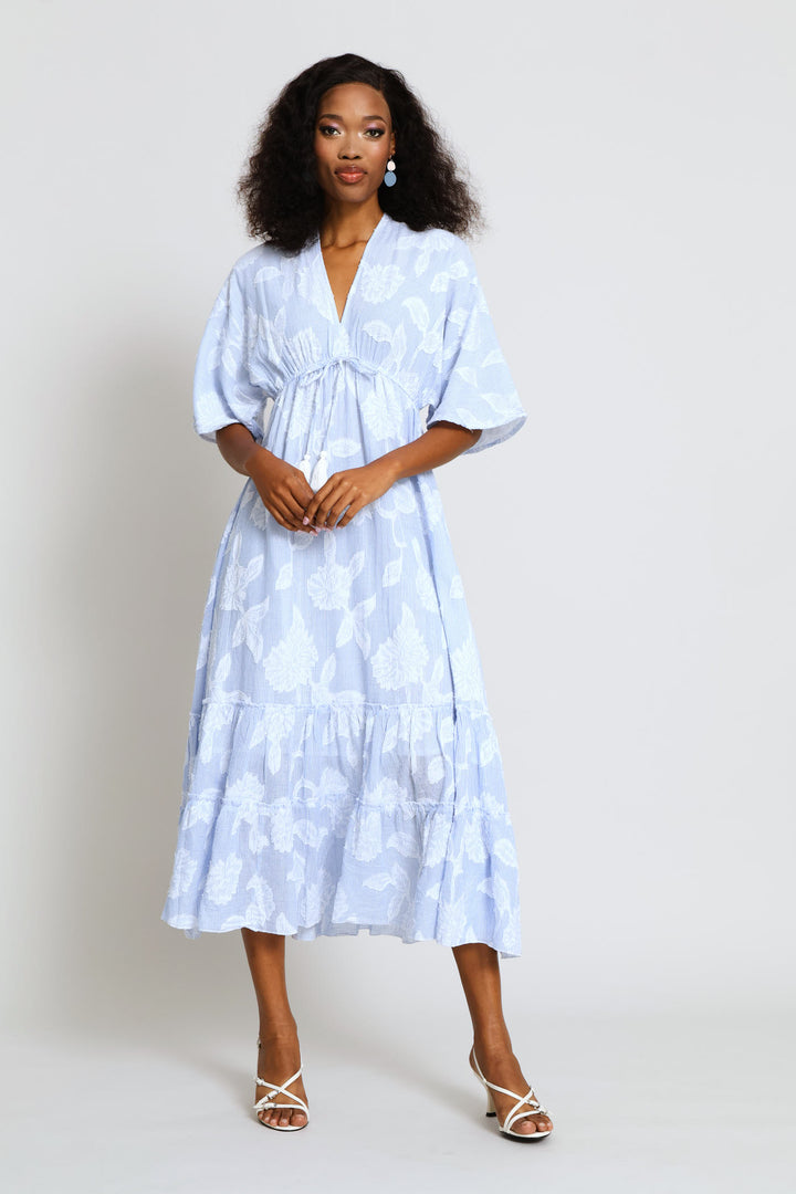 V-Neck Waisted Embroidery Detail Maxi Dress - Blue