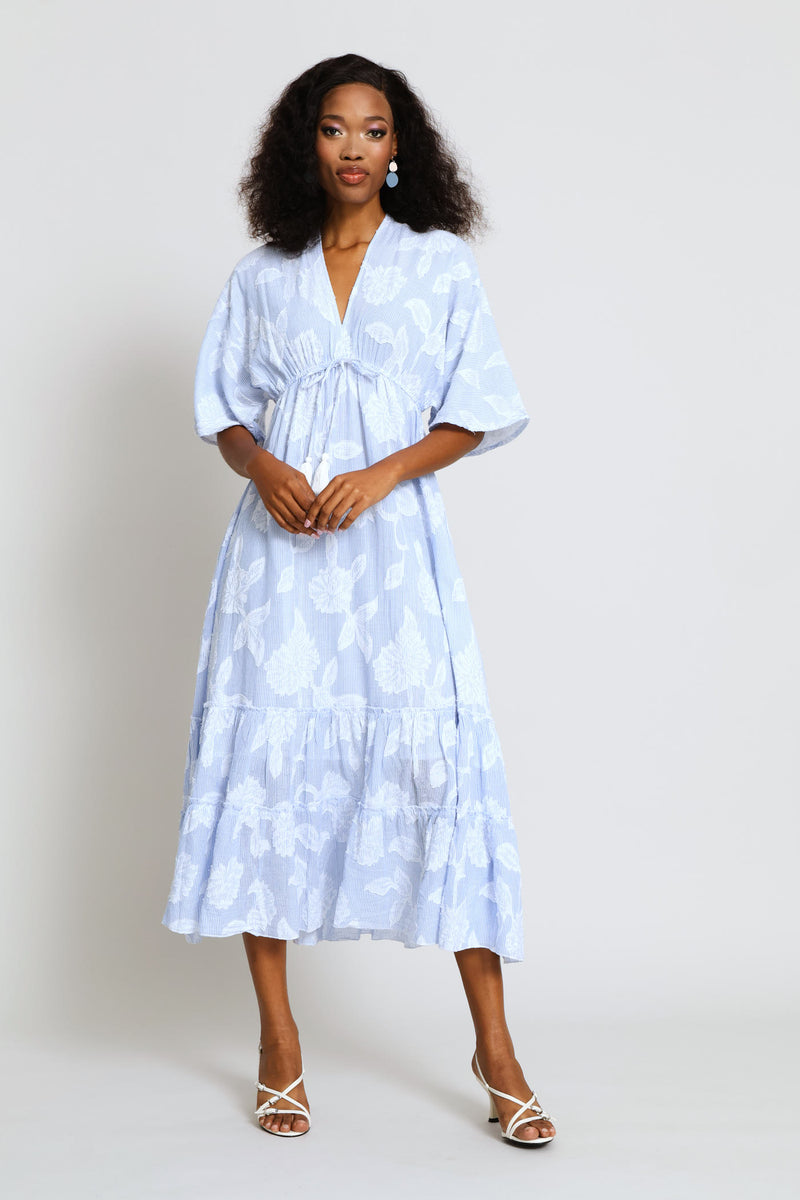 V-Neck Waisted Embroidery Detail Maxi Dress - Blue