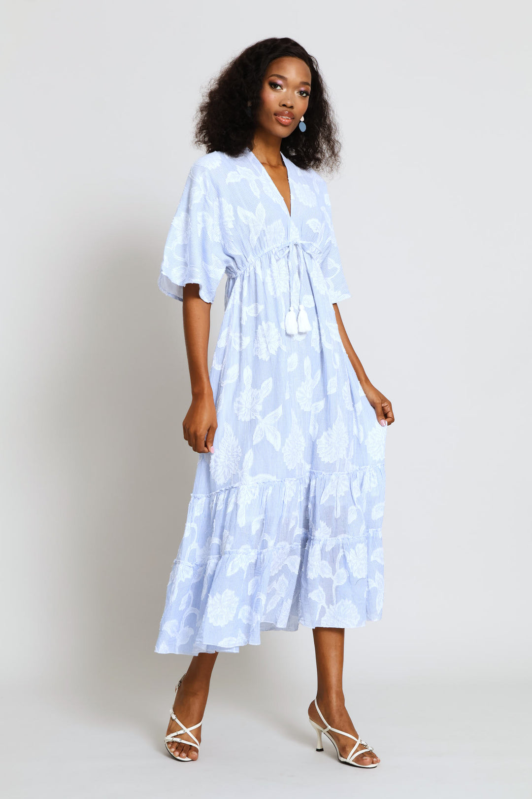 V-Neck Waisted Embroidery Detail Maxi Dress - Blue