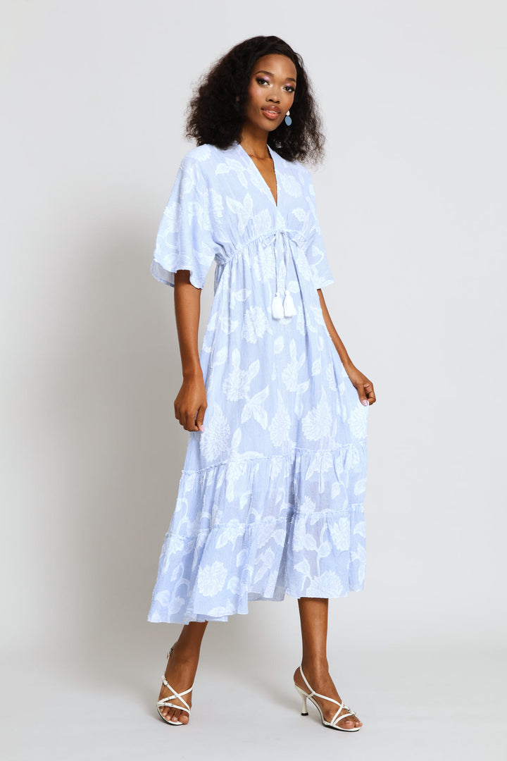 V-Neck Waisted Embroidery Detail Maxi Dress - Blue
