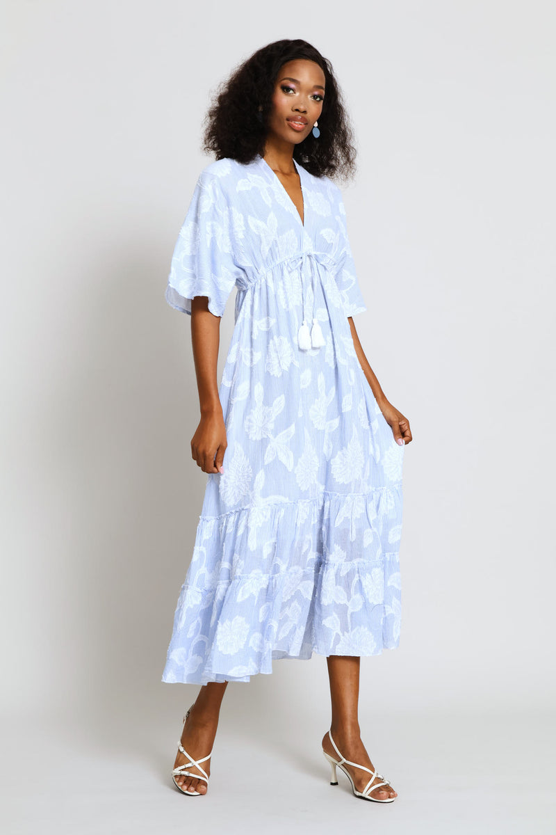 V-Neck Waisted Embroidery Detail Maxi Dress - Blue
