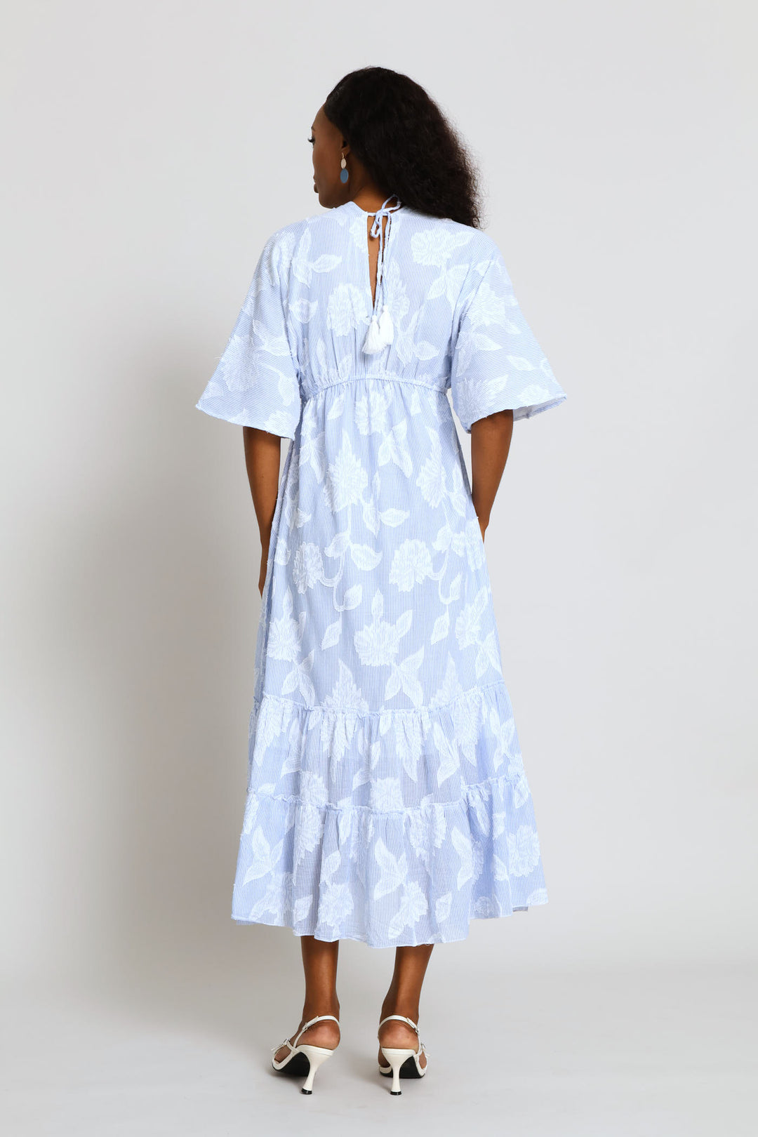 V-Neck Waisted Embroidery Detail Maxi Dress - Blue