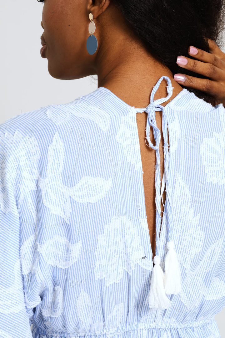 V-Neck Waisted Embroidery Detail Maxi Dress - Blue