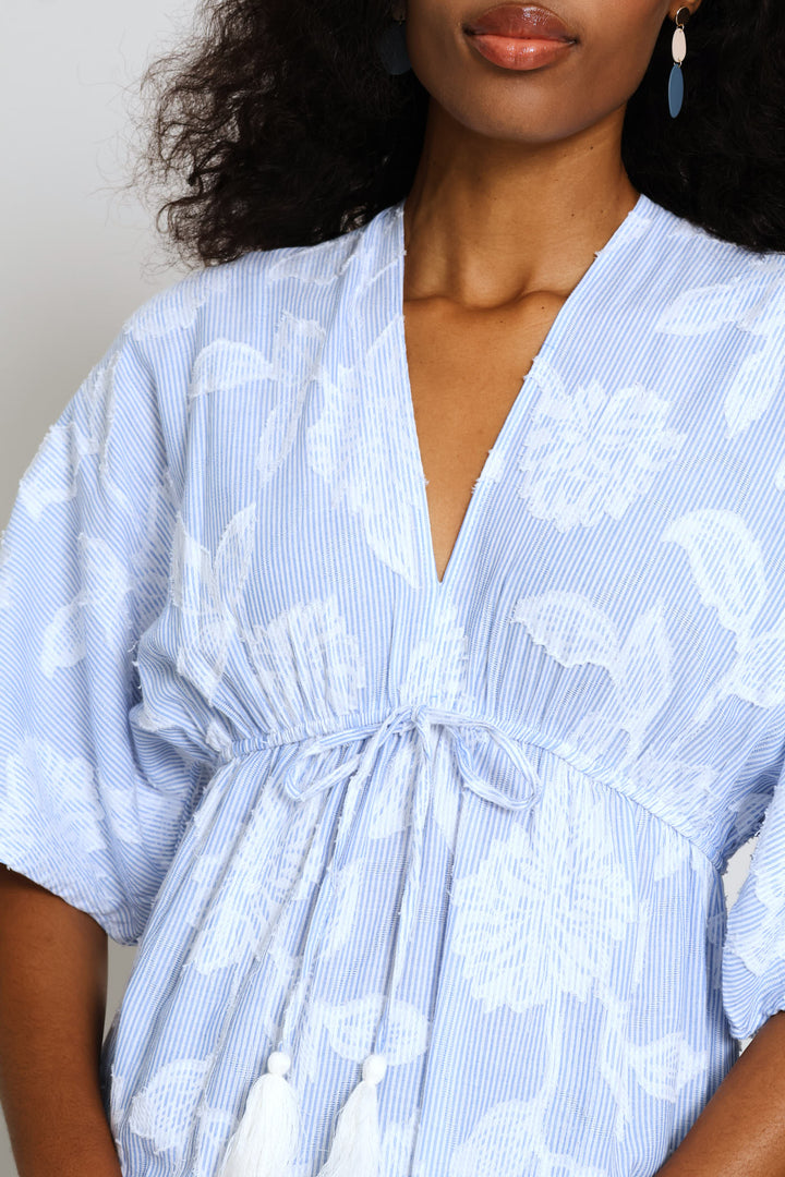 V-Neck Waisted Embroidery Detail Maxi Dress - Blue