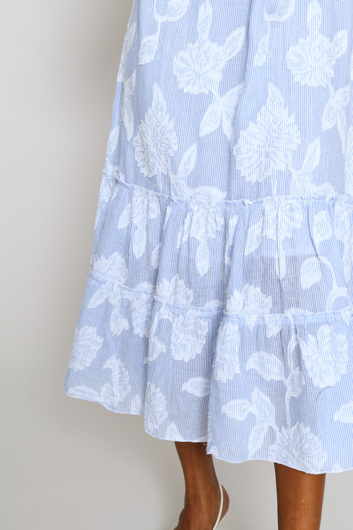 V-Neck Waisted Embroidery Detail Maxi Dress - Blue