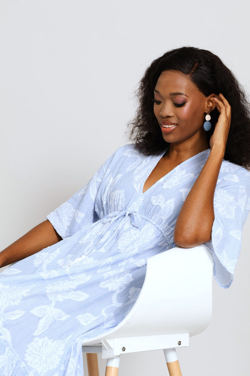 V-Neck Waisted Embroidery Detail Maxi Dress - Blue