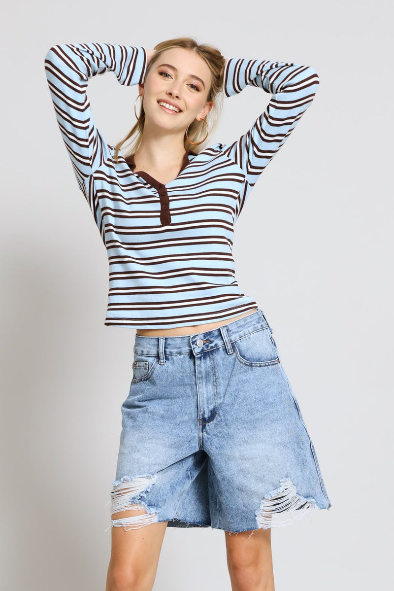 Johnny Collar Yarn Dye Stripe Tee - Light Blue
