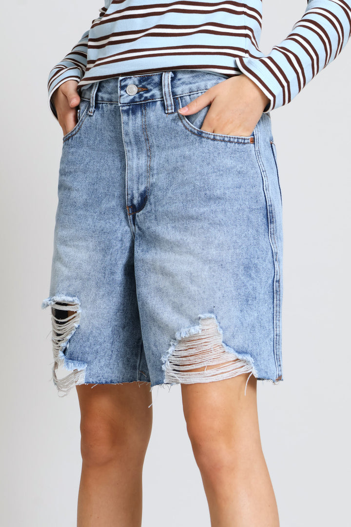 Ripped Hem Denim Bermuda Short - Salty Mid Wash