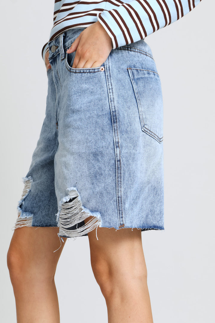 Ripped Hem Denim Bermuda Short - Salty Mid Wash