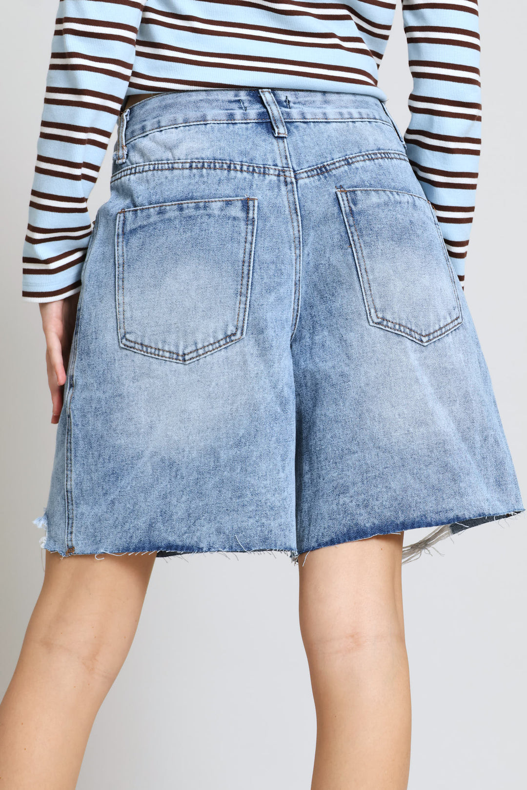 Ripped Hem Denim Bermuda Short - Salty Mid Wash