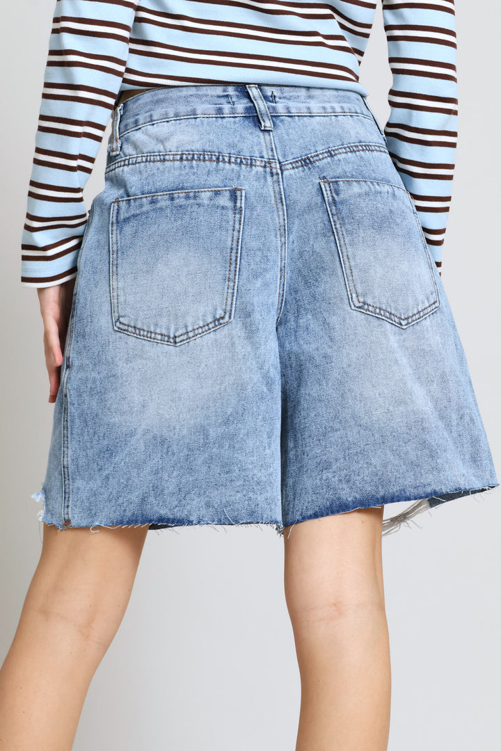 Ripped Hem Denim Bermuda Short - Salty Mid Wash