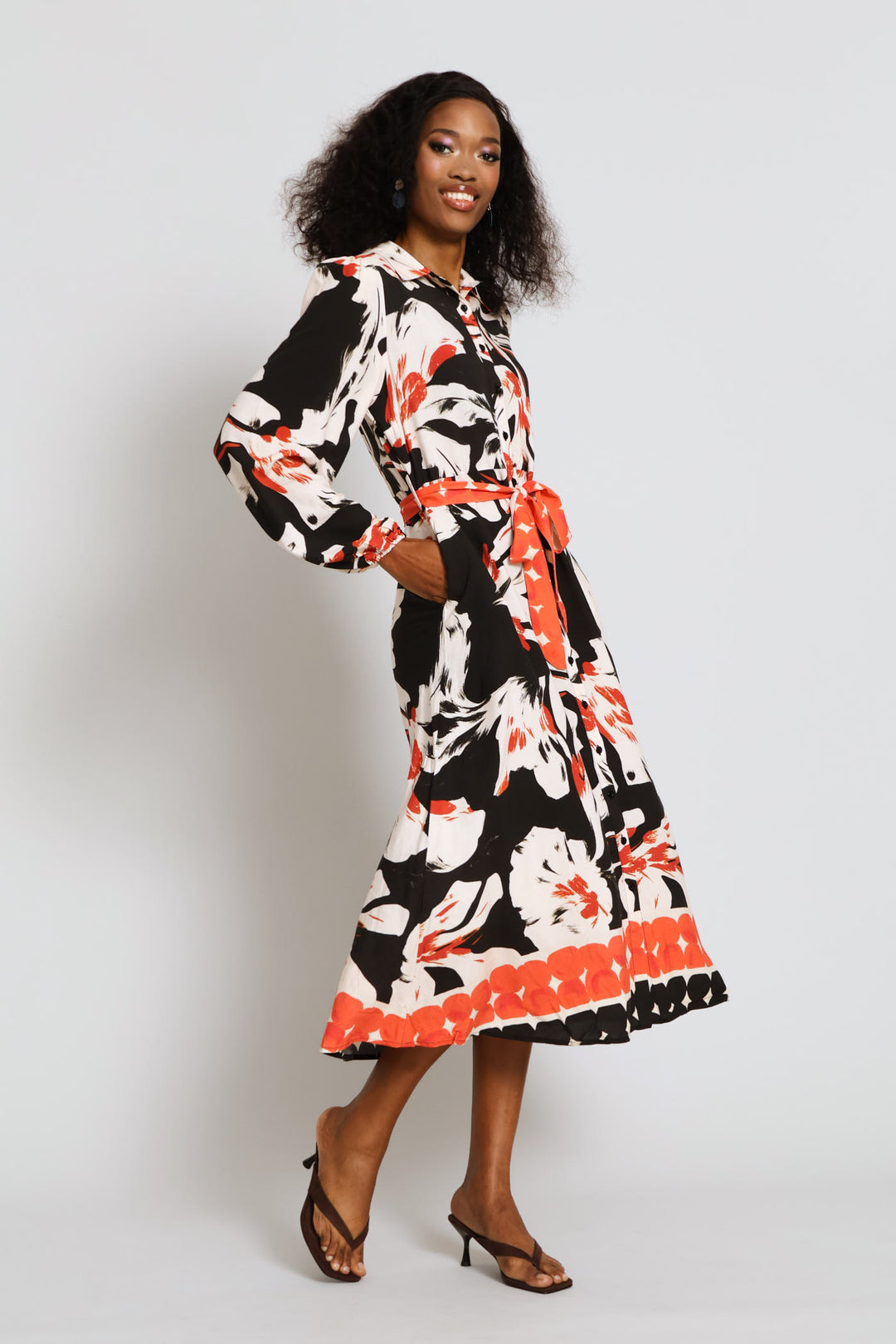 Collared Button Through Border Print Maxi Dress - Black