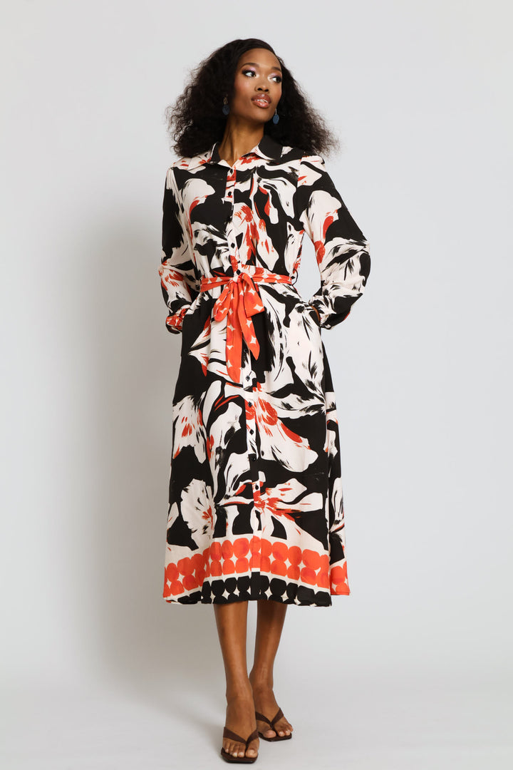 Collared Button Through Border Print Maxi Dress - Black