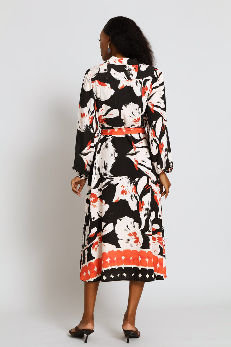 Collared Button Through Border Print Maxi Dress - Black