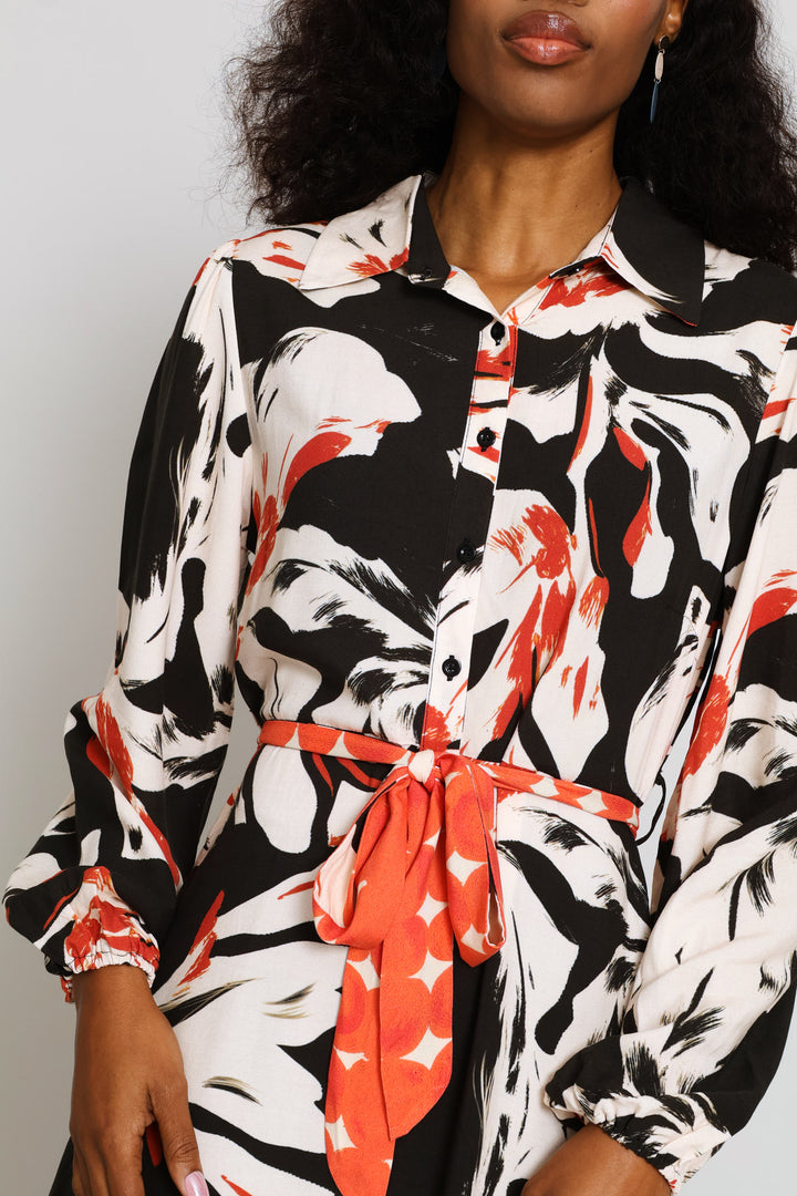 Collared Button Through Border Print Maxi Dress - Black