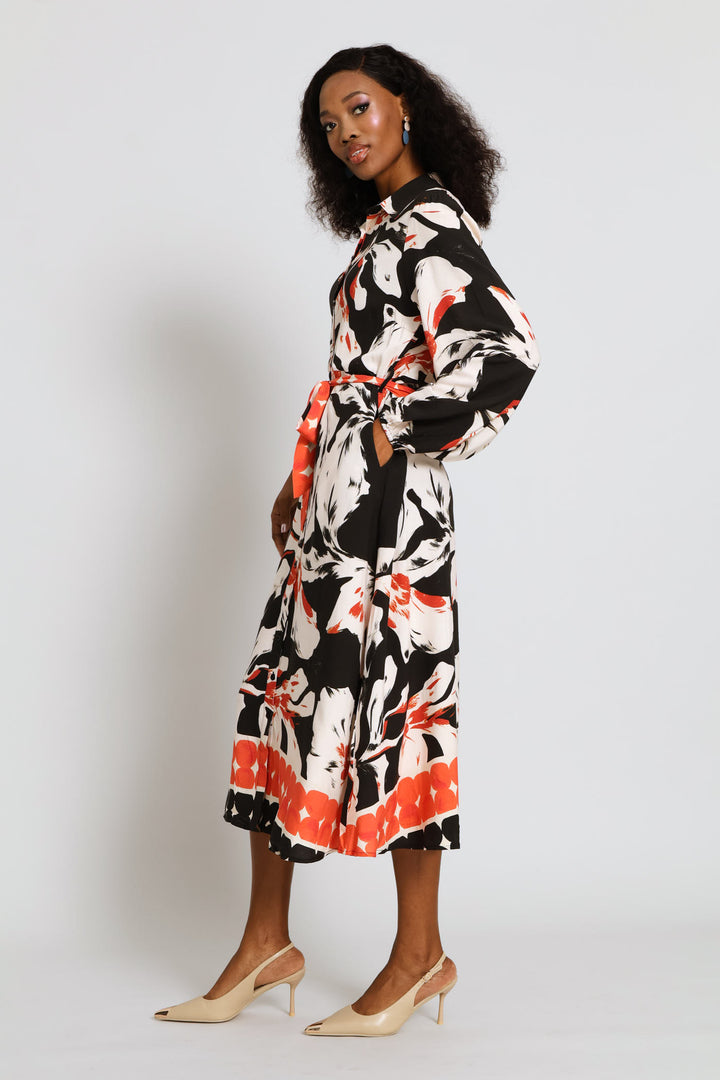 Collared Button Through Border Print Maxi Dress - Black