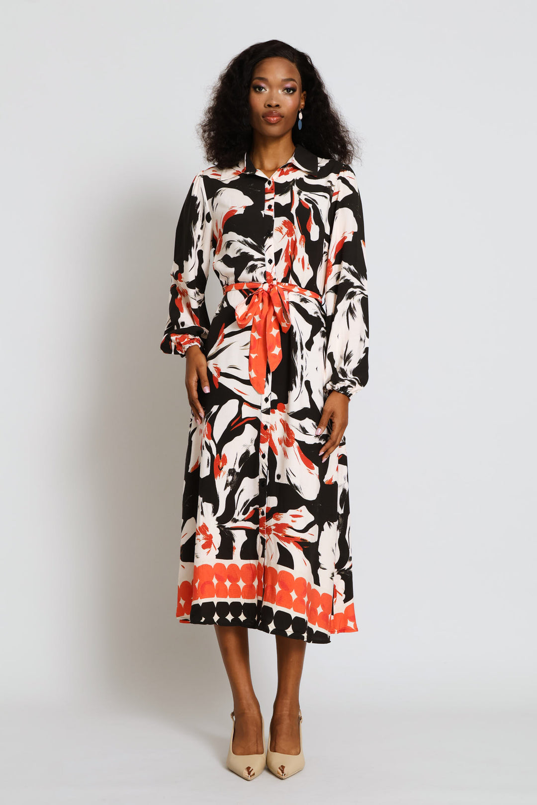 Collared Button Through Border Print Maxi Dress - Black