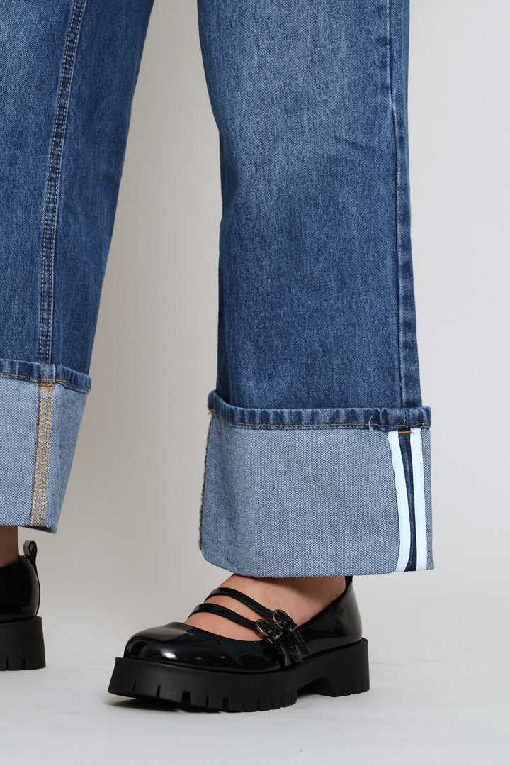 Turn Up Wide Leg Denim - Salty Mid Wash