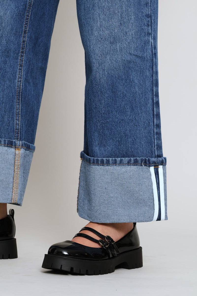 Turn Up Wide Leg Denim - Salty Mid Wash