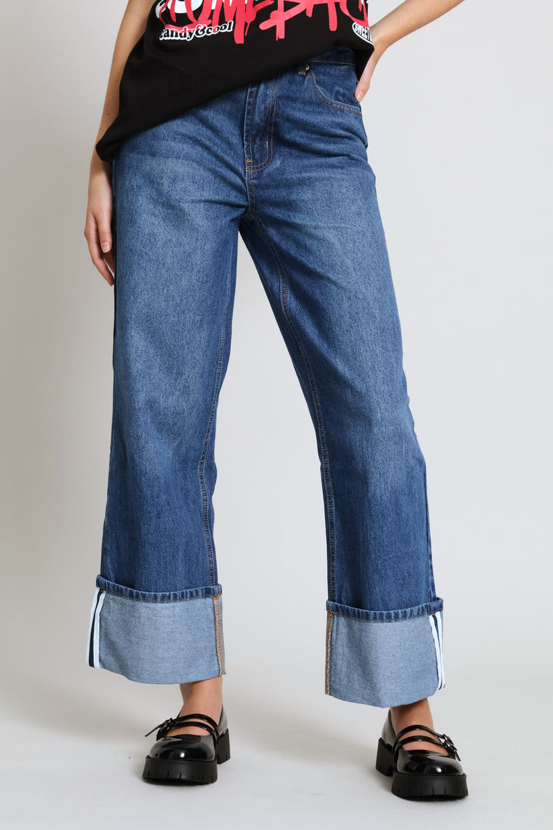 Turn Up Wide Leg Denim - Salty Mid Wash