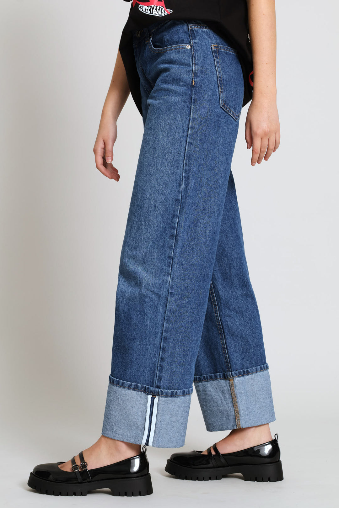 Turn Up Wide Leg Denim - Salty Mid Wash